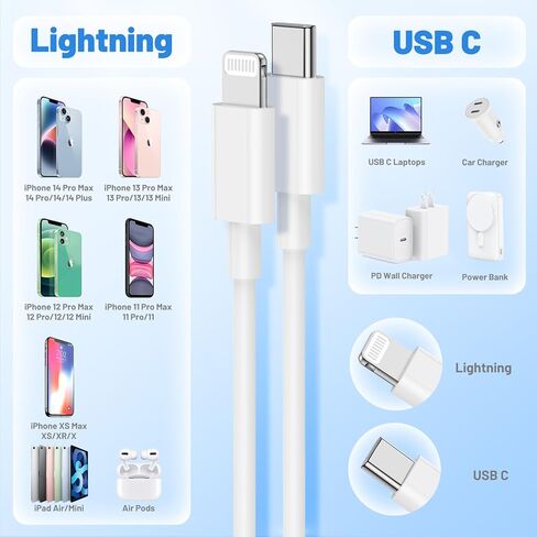 كابل USB C إلى Lightning 2 حزمة 6FT+10FT، [معتمد من Apple MFi] كابل شحن سريع iPhone، سلك شحن من النوع C لتوصيل الطاقة لهاتف iPhone 14 13 12 11 Pro Max/XS/Max/XR/8/7/6 Plus SE، iPad Air/Pro in Kuwait
