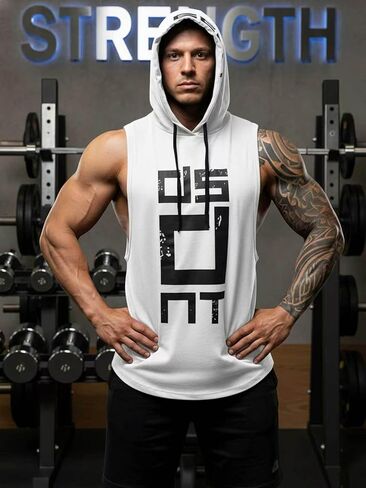 Men's Workout Hooded Tank Tops Sleeveless Gym Hoodies Bodybuilding Muscle Cutoff T-Shirts with Graphic Print in Saudi Arabia