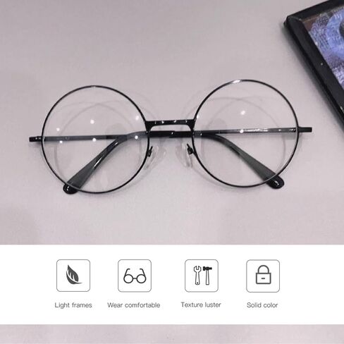 نظارات كلاسيكية دائرية، نظارات دائرية كلاسيكية، إطار معدني، عدسات شفافة، نظارات غير طبية، نظارات مزيفة بإطار أسود للرجال والنساء (أسود) in Kuwait