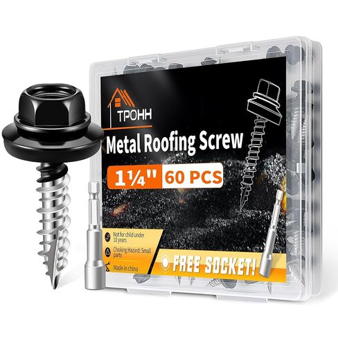 60 قطعة #10 × 1-1/4 بوصة براغي سقف معدنية برأس سداسية مع لقم، برغي سقف لوح رأس مطلي باللون الأسود مع غسالة EPDM، خيط عالي ومنخفض، مسامير ذاتية اللصق من المعدن إلى الخشب للأسقف والجوانب - TPOHH in Kuwait