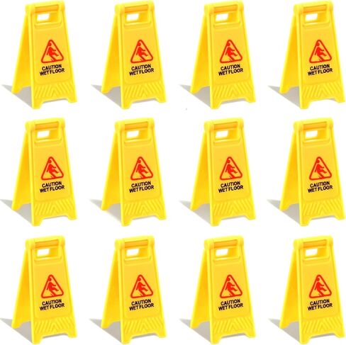 12 Pcs Mini Wet Floor Sign, Yellow Warning Sign Double Sided Safety Warning Mini Traffic Signs Plastic Street Caution Wet Floor Safety Education Toy for Desk in Saudi Arabia