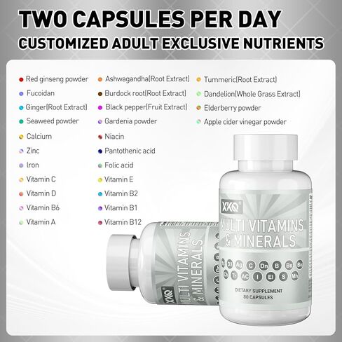 XKQ Multivitamins & Minerals 80 Capsules – Daily Vitamin C, D3, B Vitamins & Zinc for Energy, Immune & Metabolic Support – Complete Adult Multivitamin Supplement in Saudi Arabia