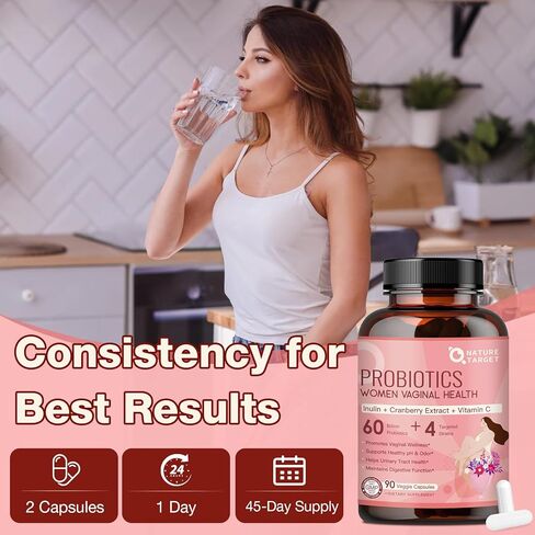 NATURE TARGET Vaginal Probiotics for Women, pH Balance for Women with Probiotic, Prebiotics, Cranberry & Vitamin C, Support Odor Control, Flora Balance, Urinary & Digestive Health, 90 Vegan Capsules in Saudi Arabia