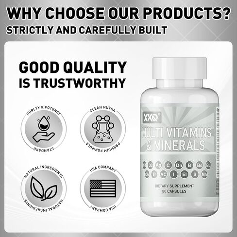 XKQ Multivitamins & Minerals 80 Capsules – Daily Vitamin C, D3, B Vitamins & Zinc for Energy, Immune & Metabolic Support – Complete Adult Multivitamin Supplement in Saudi Arabia