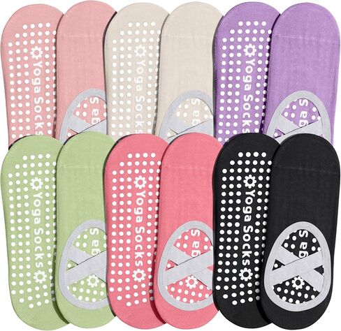 6 أزواج من جوارب البيلاتس للنساء من ihuan، جوارب يوجا غير قابلة للانزلاق مع قبضة وحزام للرقص والباليه وتمارين اللياقة البدنية (5-9) in Kuwait