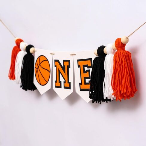 Basketball ONE Banner - 1st Birthday Highchair Banner with Yarn Tassels, Orange and Black Baby Boy Party Supplies (yellow) in Saudi Arabia