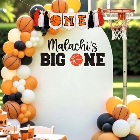Basketball ONE Banner - 1st Birthday Highchair Banner with Yarn Tassels, Orange and Black Baby Boy Party Supplies (yellow) in Saudi Arabia