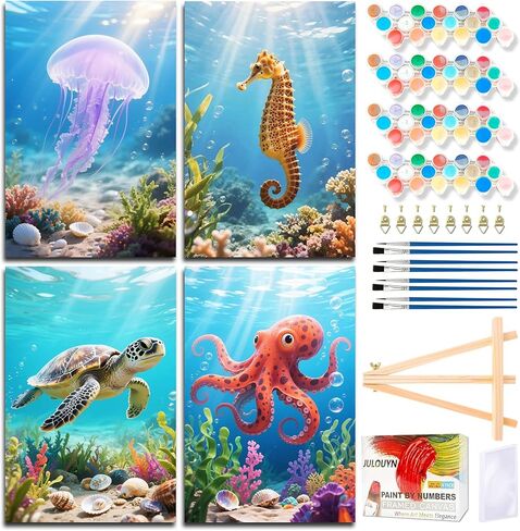 Muzagroo Art 4 Pcs Paint by Numbers Kits for Adults Framed Canvas with Wooden Easel DIY Sea Turtle Acrylic Oil Paintings Kits Paint by Numbers on Canvas Wall Art (8x12 inch) in Saudi Arabia