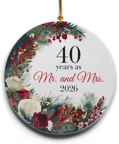40 Years as Mr. and Mrs. - 40th Anniversary for Parents, Couple, 40 wedding anniversary Ceramic Christmas Tree Ornament Gift, Holiday Keepsake in Gift Box, 2.875" Round - Printed in USA in Saudi Arabia