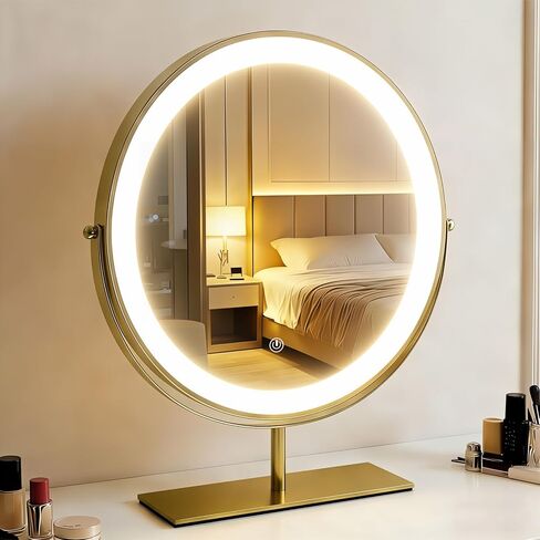 Vanity Mirror Makeup Mirror with Stand,15.8" Round Vanity Mirror, LED Lights, Smart Touch 360°Rotation, Dimmable White (Golden) in Saudi Arabia