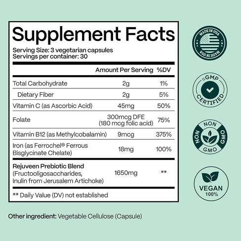 Previtalean | Prebiotic Fiber Supplement for Women | Supports Gut Health & Red Blood Cell Production | Contains Highly Bioavailable Iron, Folate & Vitamin B12 | 90 Ct, 30 Servings in Saudi Arabia