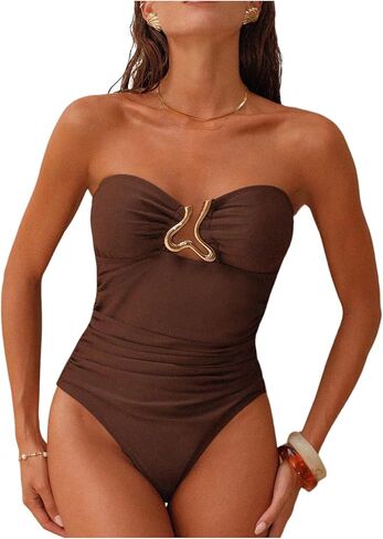 SHENHE Women's Strapless One Piece Swimsuit Ruched Tummy Control Metal Slimming Bathing Suit in Kuwait