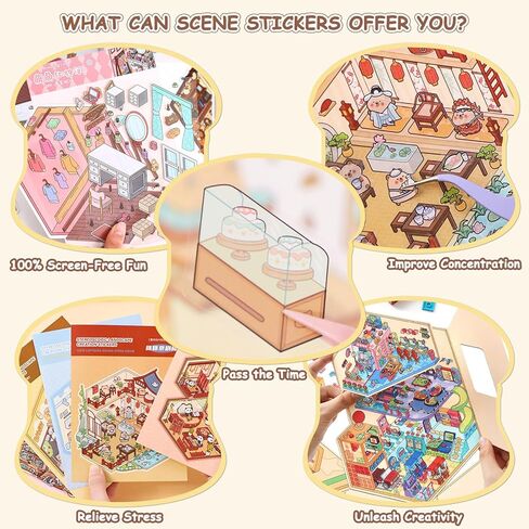 30 Sets DIY Sticker Pack House Scenes Cute 3D Sticker Therapy Scenes Book for Adults Relief Stress Miniature Scene Stickers for Kids Cartoon Cozy Room Free Combination Reusable Waterproof in Saudi Arabia