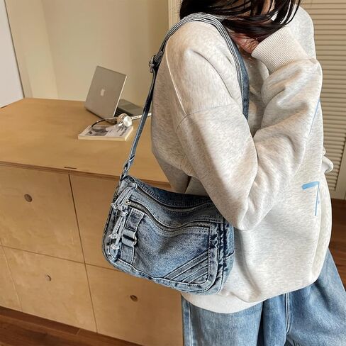 محفظة LEESION من قماش الدنيم للنساء، حقيبة من قماش الدنيم، حقيبة كتف، حقيبة كروس، حقيبة يد عصرية عصرية للاستخدام اليومي والسفر in Kuwait