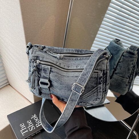 محفظة LEESION من قماش الدنيم للنساء، حقيبة من قماش الدنيم، حقيبة كتف، حقيبة كروس، حقيبة يد عصرية عصرية للاستخدام اليومي والسفر in Kuwait