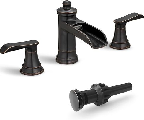 4-16 Inch Oil Rubbed Bronze Waterfall Bathroom Faucet 3 Hole, Brass Bathroom Sink Faucet 2 Handles Widespread with Pop-up Drain & cUPC Supply Hoses for Vanity, Lavatory, Restroom, Farmhouse in Kuwait