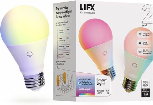 LIFX Everyday A19 Smart Light Bulbs 2 Pack, 800 Lumens RGB Color Changing LED Bulbs, 90+ CRI Tunable White, Dimmable Wi-Fi Smart Bulbs, Matter Compatible, Works with Alexa Google Apple Home in Kuwait
