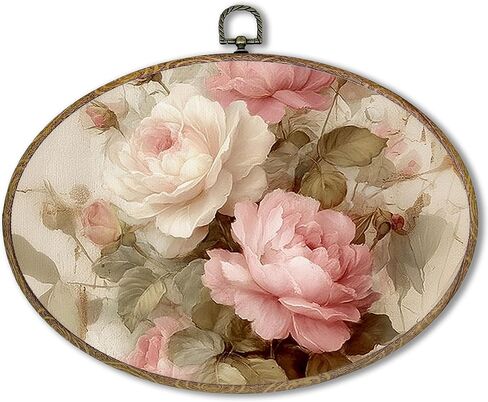 Vintage Pink Rose Round Wall Art Framed, Vintage Floral Wall Decor, Shabby Chic Rose Hanging Canvas Prints Wall Sculptures for Farmhouse Home Living Room Bedroom Decor, 10x10 Inch in Saudi Arabia