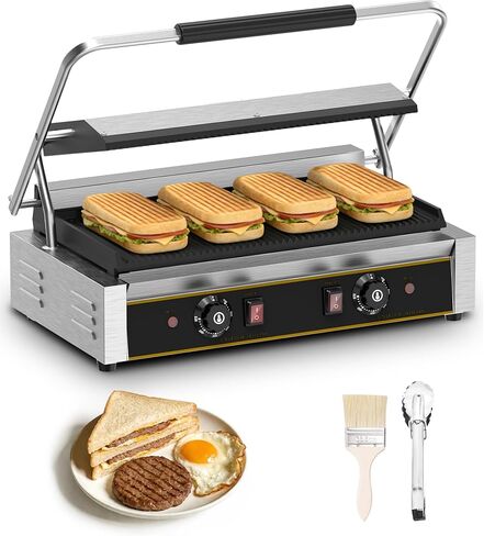 Commercial Panini Press - 3600W Electric Sandwich Maker, Stainless Steel Panini Grill w/Dual Independent Temp Controls, 19"x9" Non-Stick Grooved Plates for Hamburger & Steak - Restaurant Use in Saudi Arabia