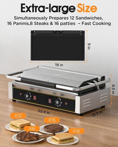 Commercial Panini Press - 3600W Electric Sandwich Maker, Stainless Steel Panini Grill w/Dual Independent Temp Controls, 19"x9" Non-Stick Grooved Plates for Hamburger & Steak - Restaurant Use in Saudi Arabia