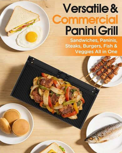 Commercial Panini Press - 3600W Electric Sandwich Maker, Stainless Steel Panini Grill w/Dual Independent Temp Controls, 19"x9" Non-Stick Grooved Plates for Hamburger & Steak - Restaurant Use in Saudi Arabia