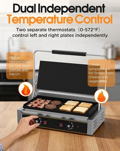 Commercial Panini Press - 3600W Electric Sandwich Maker, Stainless Steel Panini Grill w/Dual Independent Temp Controls, 19"x9" Non-Stick Grooved Plates for Hamburger & Steak - Restaurant Use in Saudi Arabia