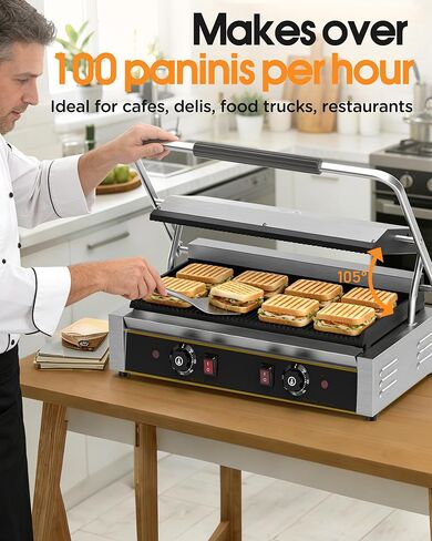 Commercial Panini Press - 3600W Electric Sandwich Maker, Stainless Steel Panini Grill w/Dual Independent Temp Controls, 19"x9" Non-Stick Grooved Plates for Hamburger & Steak - Restaurant Use in Saudi Arabia