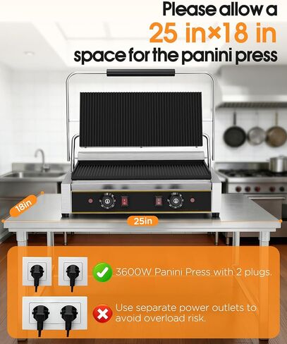 Commercial Panini Press - 3600W Electric Sandwich Maker, Stainless Steel Panini Grill w/Dual Independent Temp Controls, 19"x9" Non-Stick Grooved Plates for Hamburger & Steak - Restaurant Use in Saudi Arabia