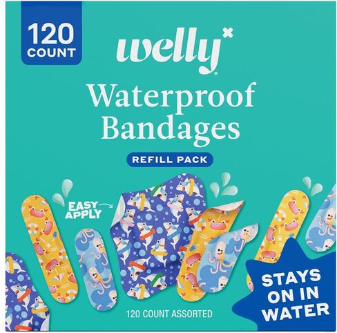 Welly Bandage Ocean Friends Refill Pack | Splashflex Adhesive Flexible Waterproof Bandages | Assorted Shapes and Patterns for Minor Cuts, Scrapes, and Wounds - 120 Count in Kuwait