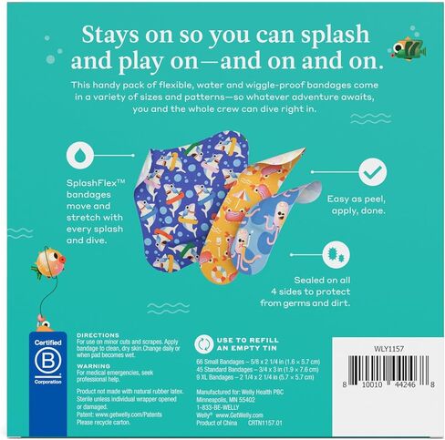 Welly Bandage Ocean Friends Refill Pack | Splashflex Adhesive Flexible Waterproof Bandages | Assorted Shapes and Patterns for Minor Cuts, Scrapes, and Wounds - 120 Count in Kuwait