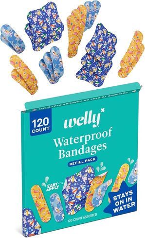 Welly Bandage Ocean Friends Refill Pack | Splashflex Adhesive Flexible Waterproof Bandages | Assorted Shapes and Patterns for Minor Cuts, Scrapes, and Wounds - 120 Count in Kuwait