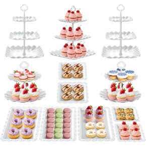 12Pcs Dessert Table Display Set, Cupcake Stand, 3-Tier Cup Cake Tower Stands & 2-Tiered Cake Holder, Treat Food Platters Serving Trays for Tea Party, Baby Shower, Bridal, Wedding, Birthday, Plastic in Kuwait