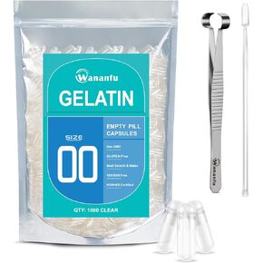 كبسولات جيلاتينية فارغة بحجم 00 من وانانفو (1000 قطعة) مع ملقط كبسولة وملعقة مختبر صغيرة، كبسولات حبوب هلامية شفافة قابلة للتعبئة 00 لصنع المكملات الغذائية الخاصة بك in Kuwait
