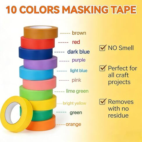 Colored Masking Tape, Colored Painters Tape for Arts and Crafts, 10Pack, 1.2" x22Yard Drafting Tape, Craft Tape, Labeling Tape, Paper Tape, Colored Tape in Kuwait