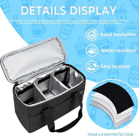 حامل مشروبات قابل لإعادة الاستخدام مكون من 3 أكواب للتسليم مع فواصل قابلة للتعديل، وعلبة مشروبات معزولة، وحقيبة حمل المشروبات للخروج، والسفر، وفي الهواء الطلق in Kuwait