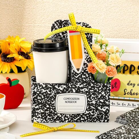 JarThenaAMCS 24Set Teacher Appreciation Gifts 2 Cup Composition Drink Carrier with Pencil Cards Handle Floral Paper Disposable Packaging Cardboard Back to School Cup Holders for Graduation Retirement in Kuwait