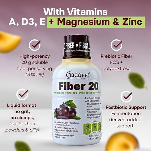 Fiber 20 - High Fiber Supplement for Women & Men, 20g Liquid Soluble Fiber/Serving, Prebiotic & Postbiotic Complex + Vitamins A, D3, E & Magnesium, Gut Health, Digestive Health, 16 fl oz in Saudi Arabia