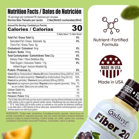 Fiber 20 - High Fiber Supplement for Women & Men, 20g Liquid Soluble Fiber/Serving, Prebiotic & Postbiotic Complex + Vitamins A, D3, E & Magnesium, Gut Health, Digestive Health, 16 fl oz in Saudi Arabia
