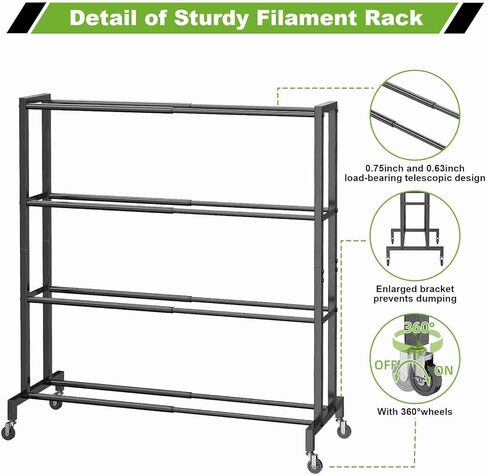 3D Printer Filament Storage Rack Stand, Rolling Filament Spool Holder Cart with Wheels, 4 Tier Expandable Heavy Duty Metal Shelf for 3D Printing Studio Workshop,1pcs Stand Only in Saudi Arabia
