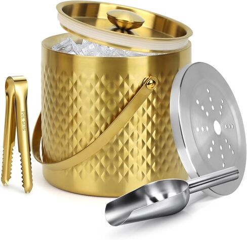 Gold Ice Bucket with Lid, Handle and Tong Insulated 3L Double Wall Stainless Steel Champagne Bucket with Silicone Sealing Ring, Scoop & Strainer, Metal Ice Bucket for Bar, Party, Home Entertaining in Saudi Arabia
