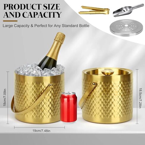 Gold Ice Bucket with Lid, Handle and Tong Insulated 3L Double Wall Stainless Steel Champagne Bucket with Silicone Sealing Ring, Scoop & Strainer, Metal Ice Bucket for Bar, Party, Home Entertaining in Saudi Arabia