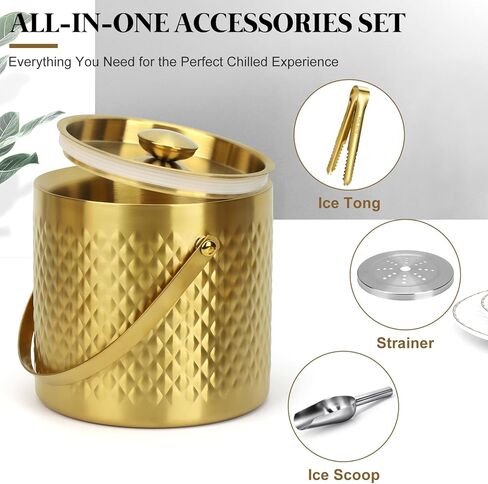 Gold Ice Bucket with Lid, Handle and Tong Insulated 3L Double Wall Stainless Steel Champagne Bucket with Silicone Sealing Ring, Scoop & Strainer, Metal Ice Bucket for Bar, Party, Home Entertaining in Saudi Arabia