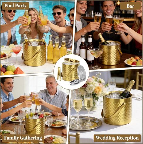 Gold Ice Bucket with Lid, Handle and Tong Insulated 3L Double Wall Stainless Steel Champagne Bucket with Silicone Sealing Ring, Scoop & Strainer, Metal Ice Bucket for Bar, Party, Home Entertaining in Saudi Arabia