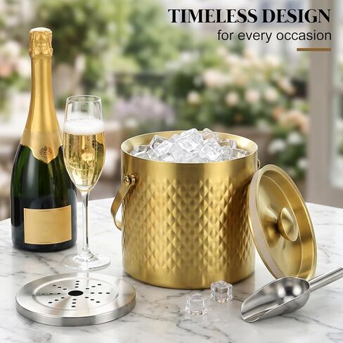 Gold Ice Bucket with Lid, Handle and Tong Insulated 3L Double Wall Stainless Steel Champagne Bucket with Silicone Sealing Ring, Scoop & Strainer, Metal Ice Bucket for Bar, Party, Home Entertaining in Saudi Arabia