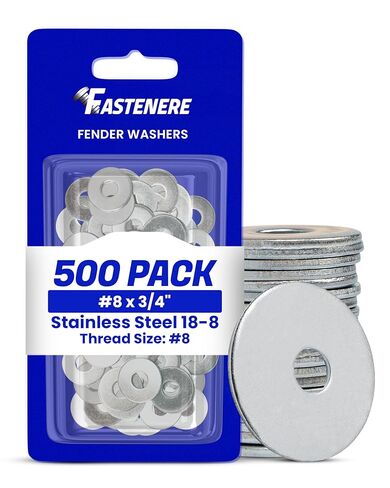 غسالات Fastenere Fender #8 × 3/4 بوصة (500 عبوة)، قطر كبير، لمسة نهائية سادة من الفولاذ المقاوم للصدأ 18-8، مقاومة للتآكل، أجهزة معدنية عالية القوة للشد للسيارات ومشروعات البناء in Kuwait