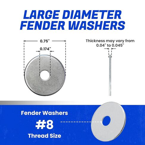 غسالات Fastenere Fender #8 × 3/4 بوصة (500 عبوة)، قطر كبير، لمسة نهائية سادة من الفولاذ المقاوم للصدأ 18-8، مقاومة للتآكل، أجهزة معدنية عالية القوة للشد للسيارات ومشروعات البناء in Kuwait