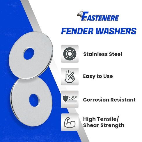 غسالات Fastenere Fender #8 × 3/4 بوصة (500 عبوة)، قطر كبير، لمسة نهائية سادة من الفولاذ المقاوم للصدأ 18-8، مقاومة للتآكل، أجهزة معدنية عالية القوة للشد للسيارات ومشروعات البناء in Kuwait
