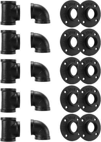 3/4"Black Pipe Fitting, Home TZH 30 Pack Floor Flange/Elbow/Tee Combo for Industrial vintage style, Flanges/Elbow/Tee with Threaded Hole for DIY Project/Furniture/Shelving(30, Black 3/4") in Saudi Arabia