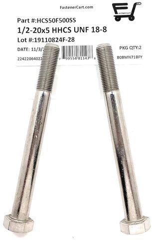 1/2-20x5 مسامير سداسية من الفولاذ المقاوم للصدأ ذات غطاء سداسي 18-8 (UNF) خيط رفيع - (2 قطعة) in Kuwait