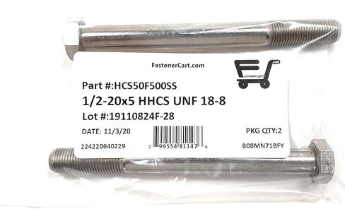 1/2-20x5 مسامير سداسية من الفولاذ المقاوم للصدأ ذات غطاء سداسي 18-8 (UNF) خيط رفيع - (2 قطعة) in Kuwait